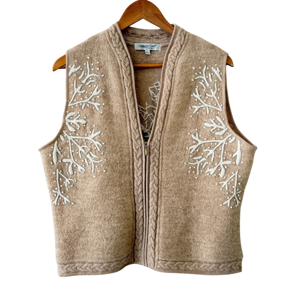Coldwater Creek Sweater Vest Womens L Tan Wool Embroidered Snowflake Full Zip